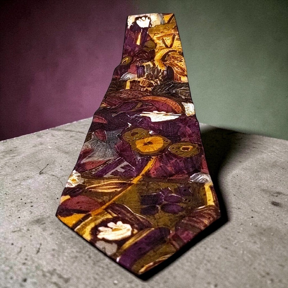 VTG Stefano Milano Italy Silk Tie Abstract Artistic Floral Purple Gold Avant